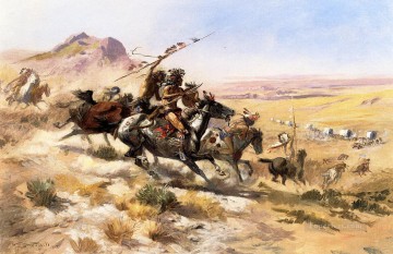 Indios americanos Painting - Ataque a una caravana 1902 Charles Marion Russell Indios americanos